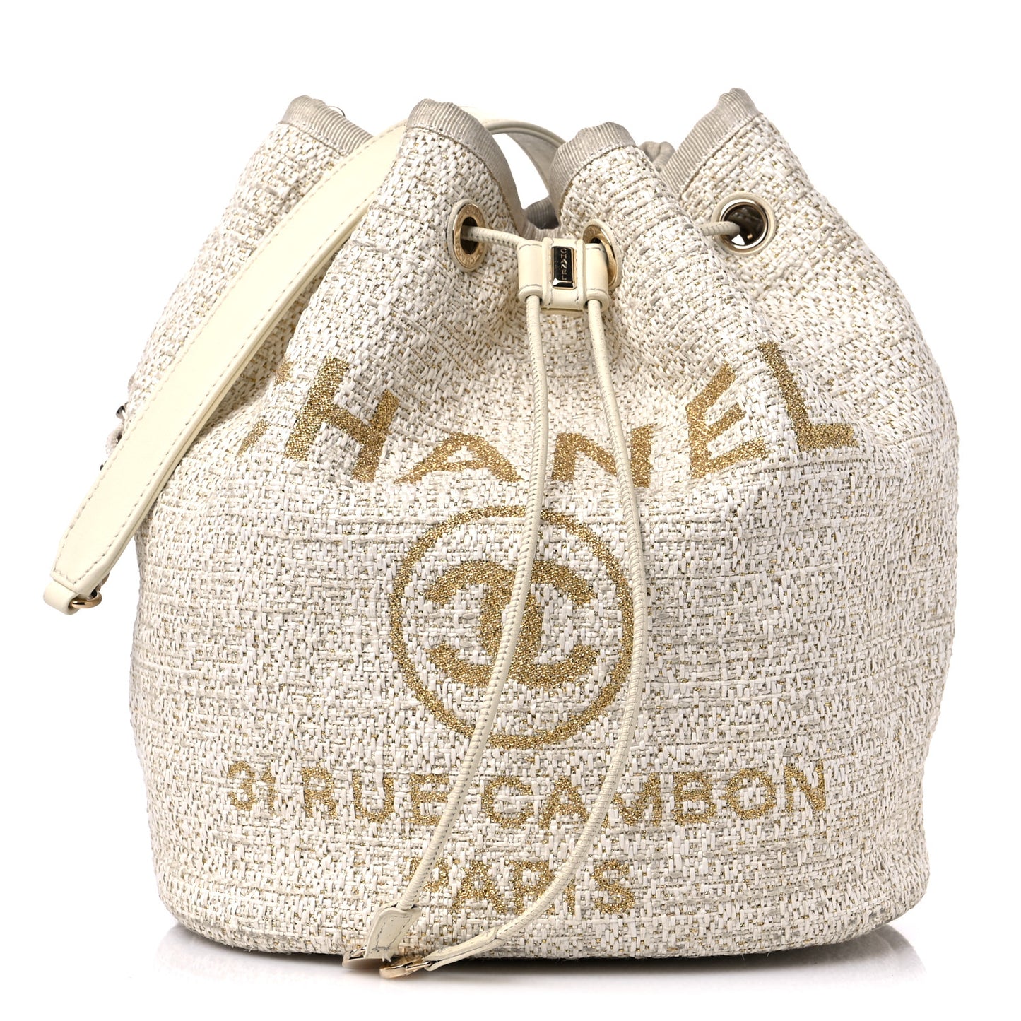 Lurex Boucle Deauville Drawstring Bucket Bag Ivory