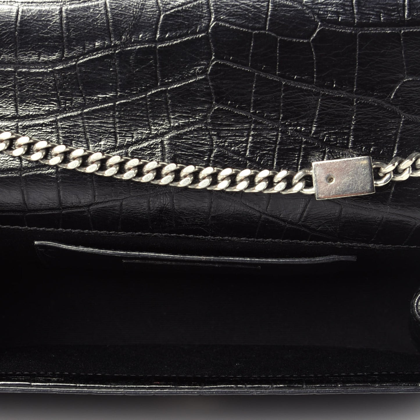Calfskin Crocodile Embossed Medium Classic Monogram Kate Tassel Satchel Black