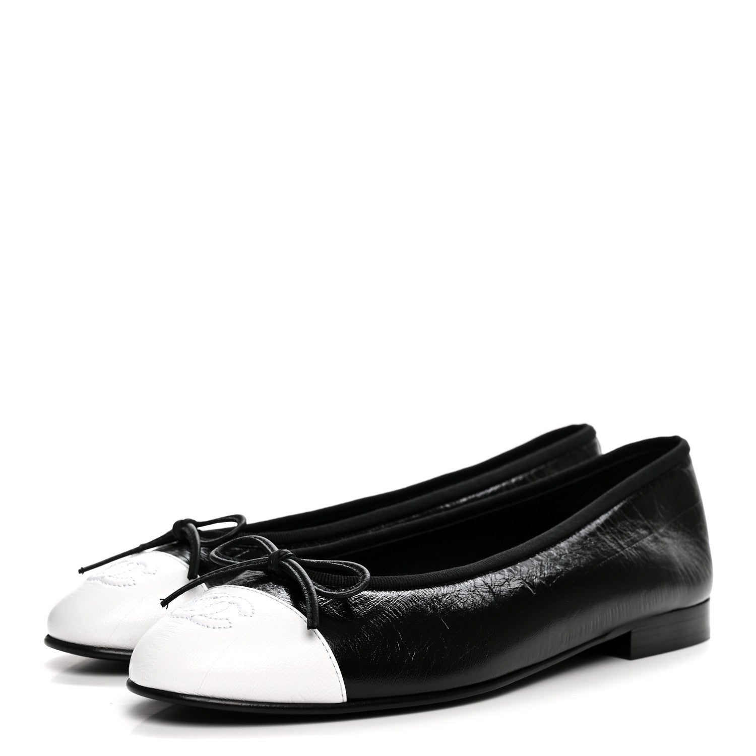 Chanel Crumpled Shiny Lambskin Cap Toe CC Ballerina Flats 38 Black White 4 of 9