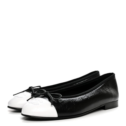 Chanel Crumpled Shiny Lambskin Cap Toe CC Ballerina Flats 38 Black White 4 of 9