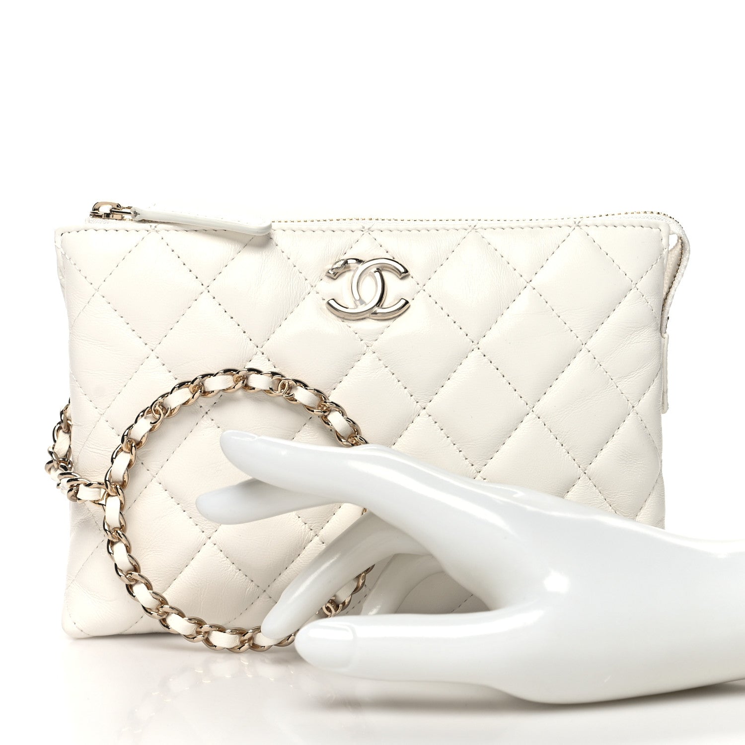 Chanel Shiny Crumpled Calfskin Quilted Clutch Bag White 2 of 10