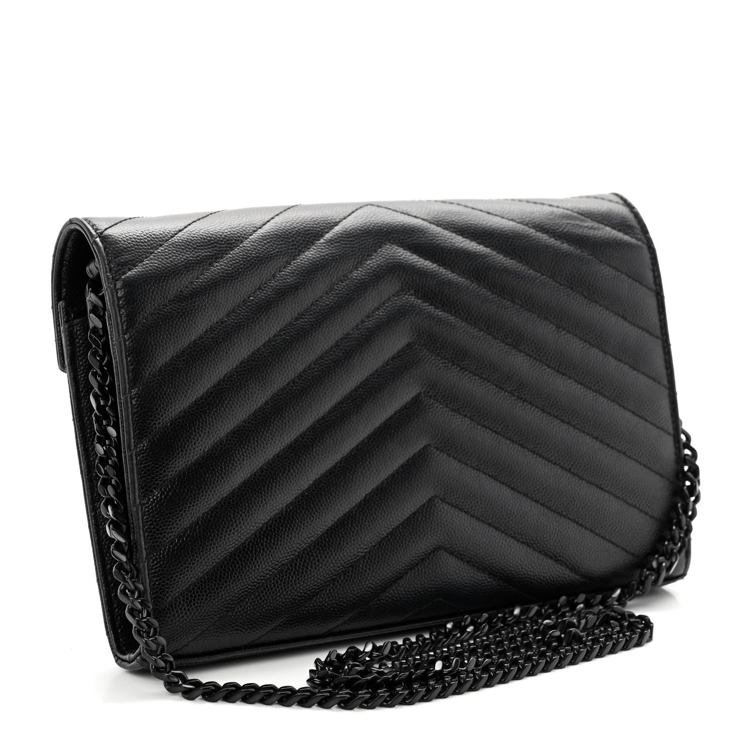 Saint Laurent Grain De Poudre Matelasse Chevron Monogram Monochrome Chain Wallet Black 2 of 13