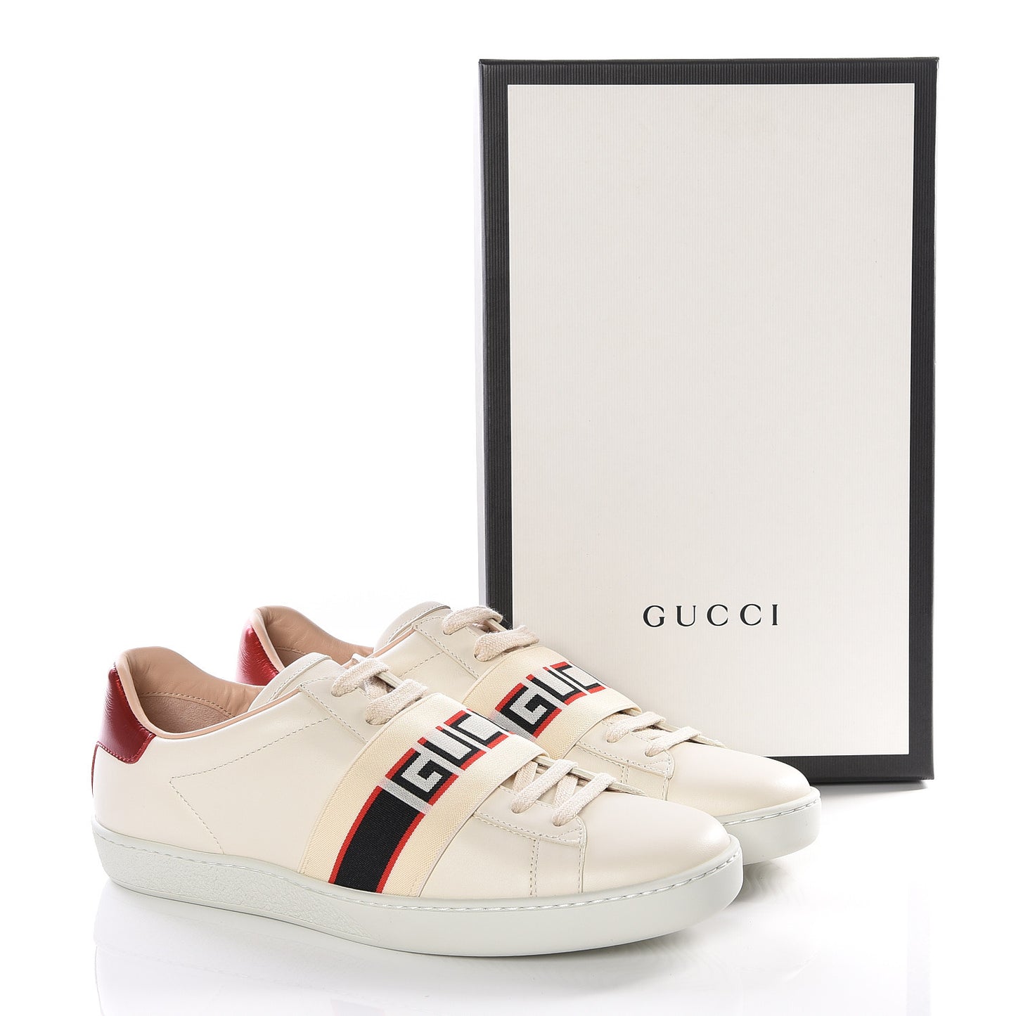 Calfskin Stripe Womens New Ace Sneakers 38 New Mystic White Ecru Red Flame