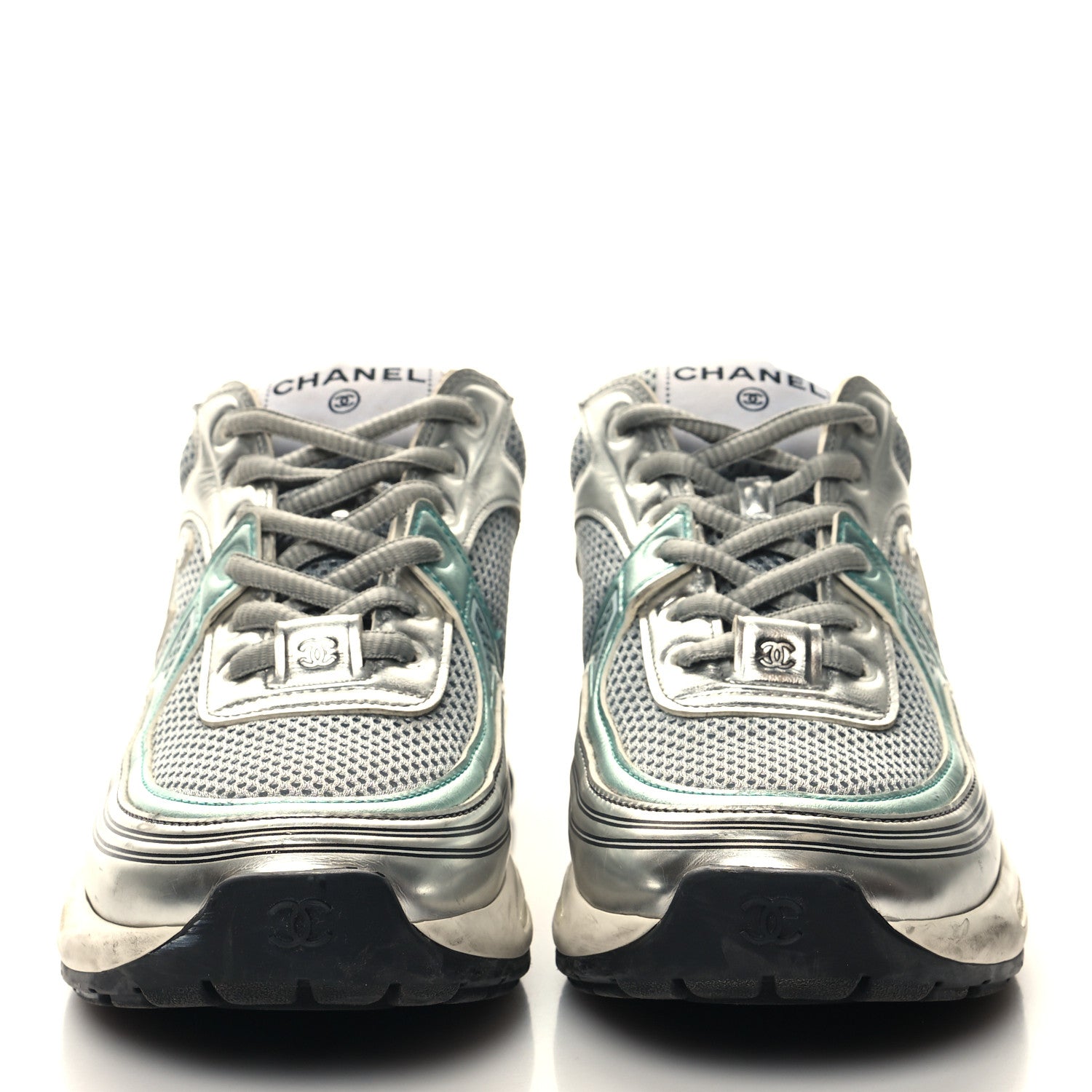 Chanel Fabric Laminated Calfskin Stretch CC Womens Sneakers 37 Green Silver 2 of 8