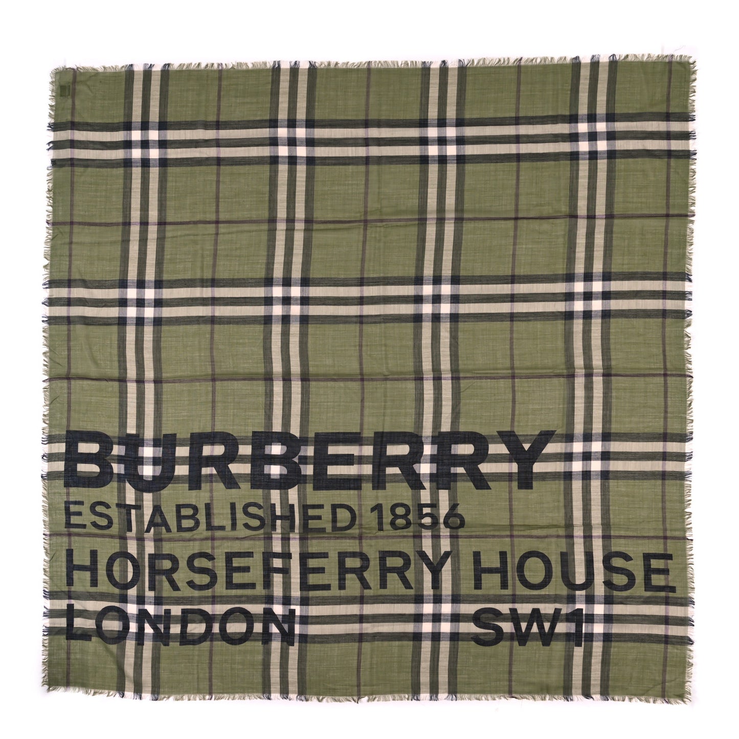 Wool Silk Horseferry Giant Check Print Scarf Olive Green