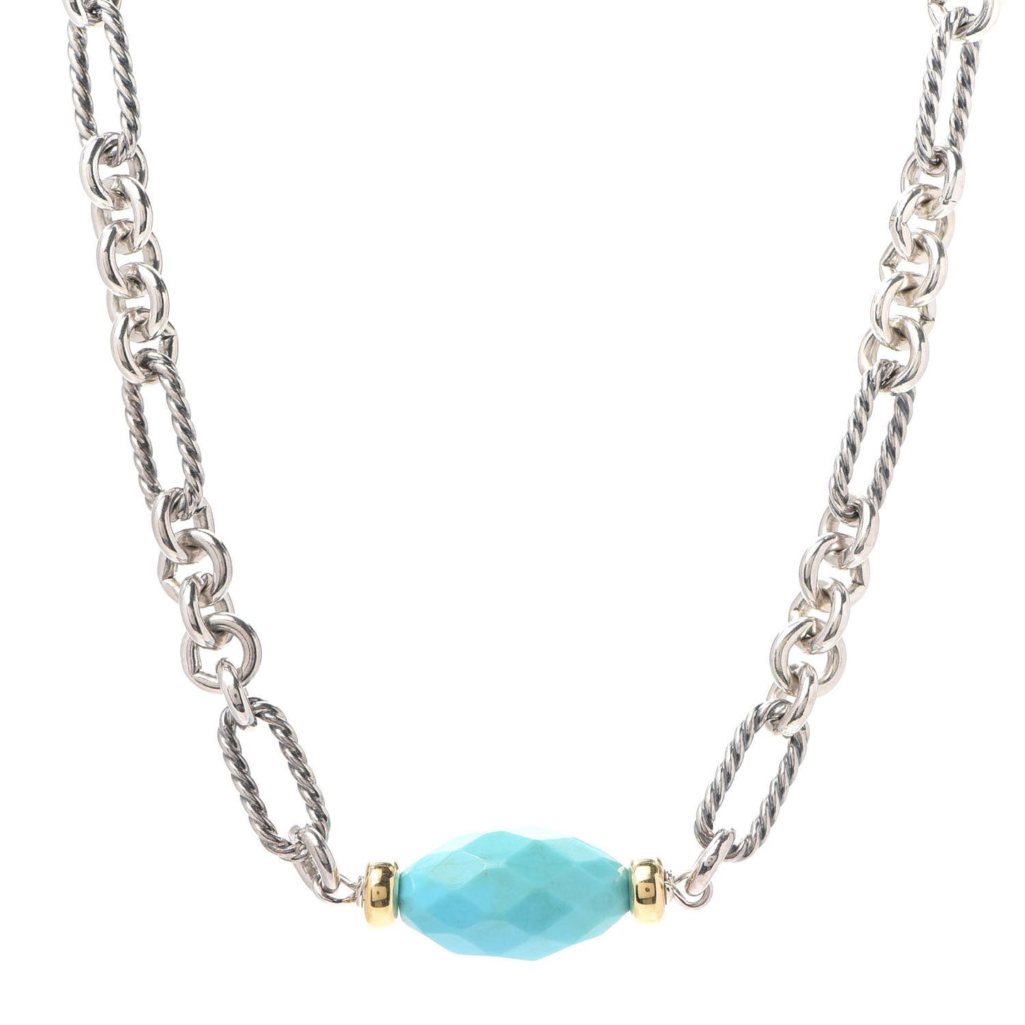 Sterling Silver 18K Yellow Gold Turquoise Figaro Necklace