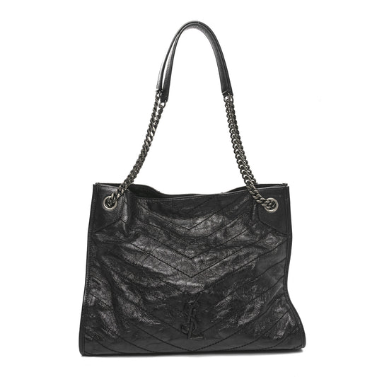 Crinkled Calfskin Matelasse Monogram Medium Niki Shopper Tote Black
