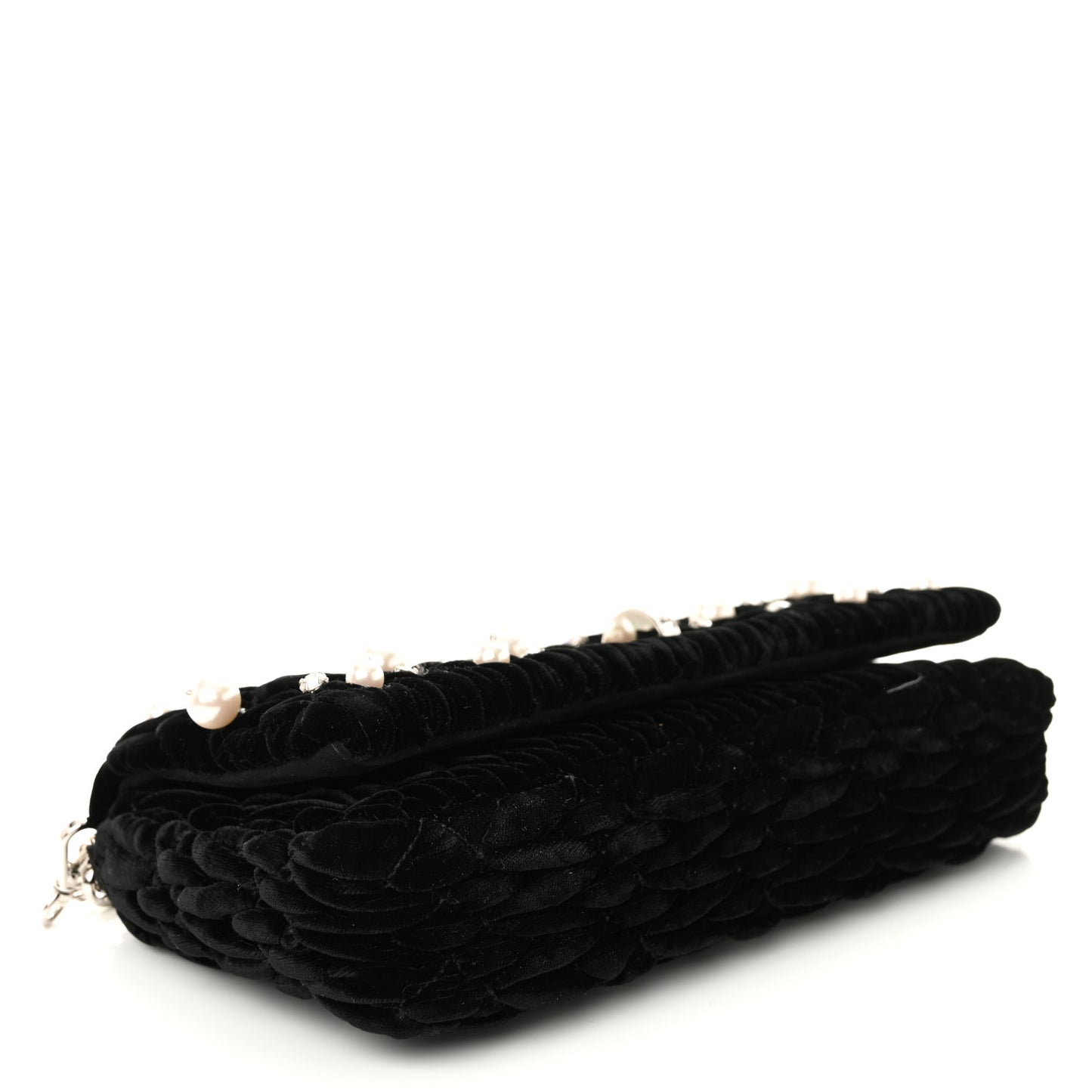 Velvet Matelasse Crystal Pearl Chain Shoulder Bag Black
