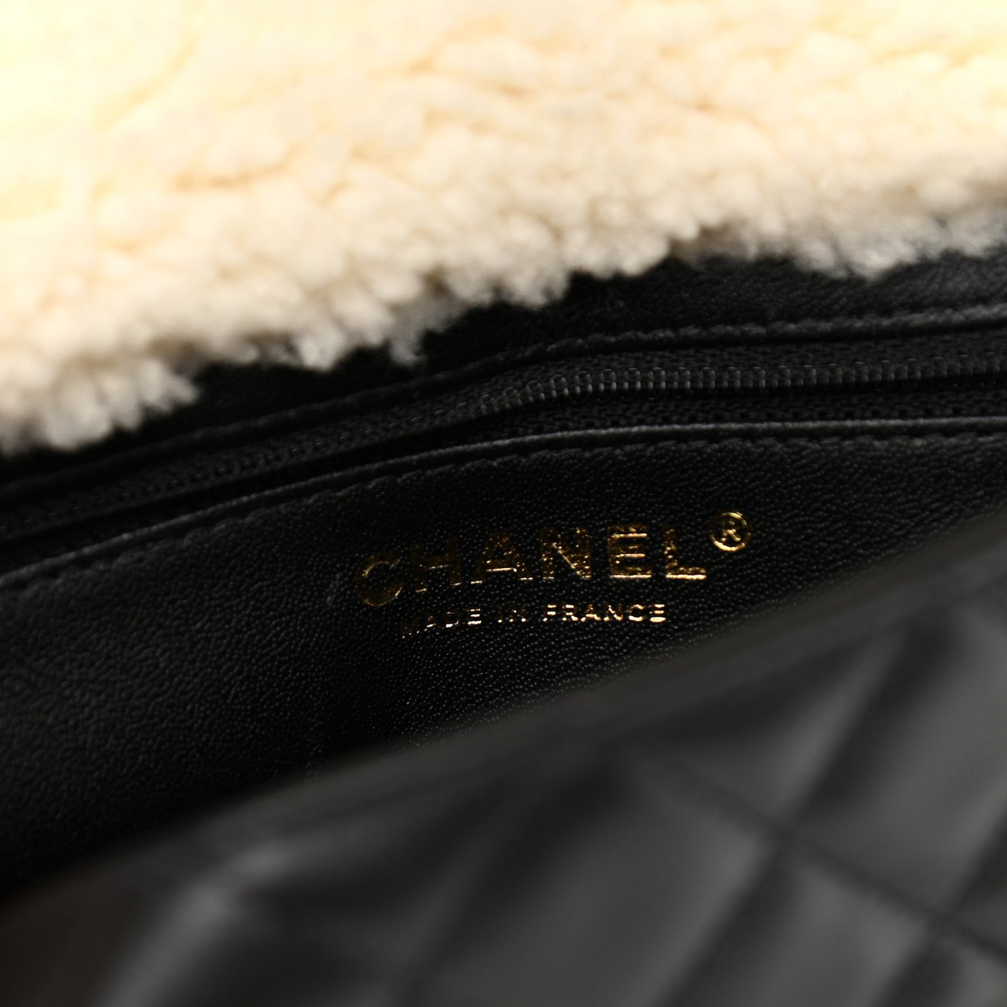 Lambskin Shearling Large CC Flap Bag Black White