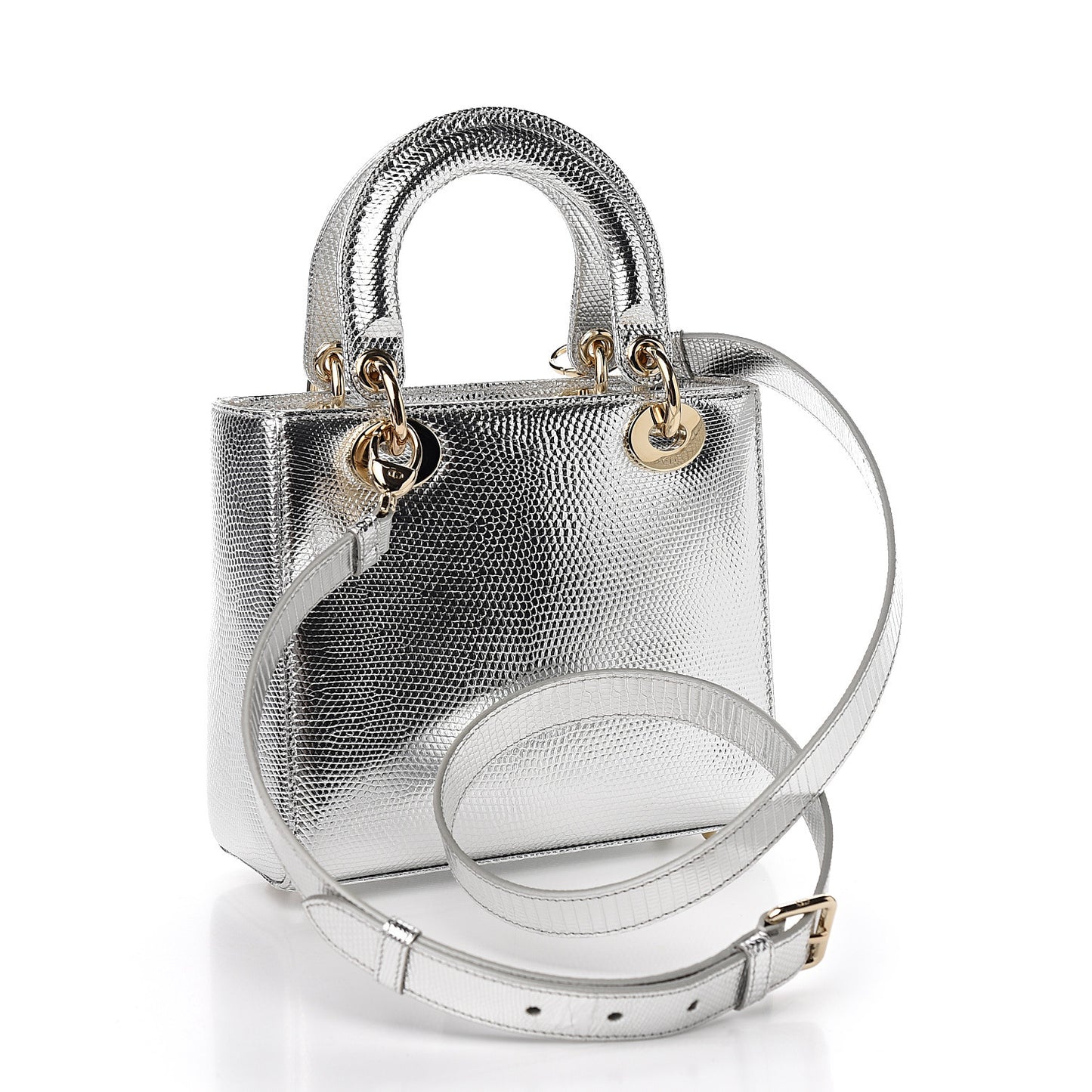 Metallic Lizard Small Lady Dior Argent