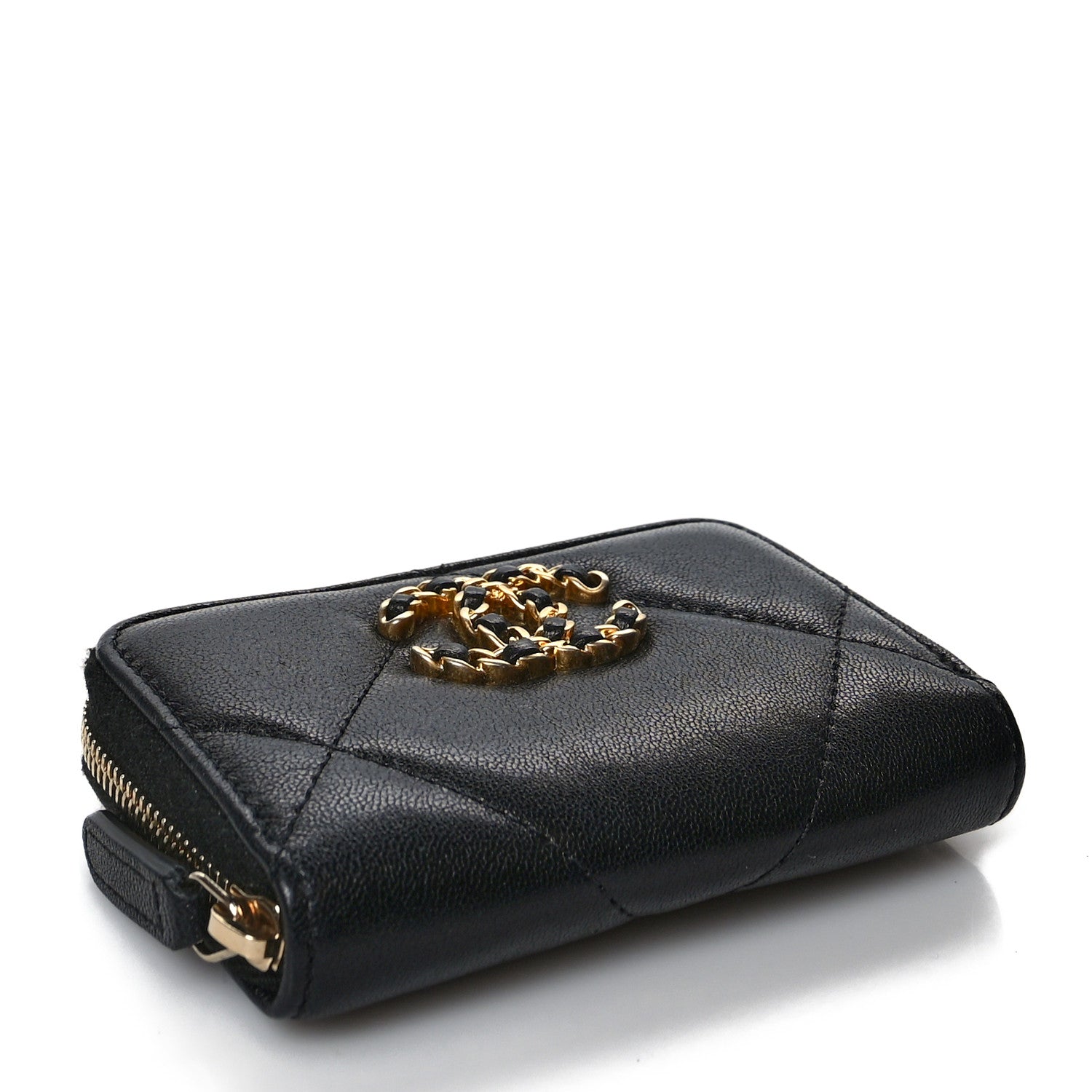 Chanel Shiny Goatskin Quilted Chanel 19 Zip Around Coin Purse Wallet Black 4 of 8