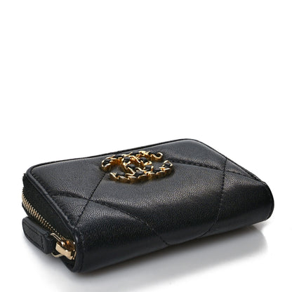 Chanel Shiny Goatskin Quilted Chanel 19 Zip Around Coin Purse Wallet Black 4 of 8