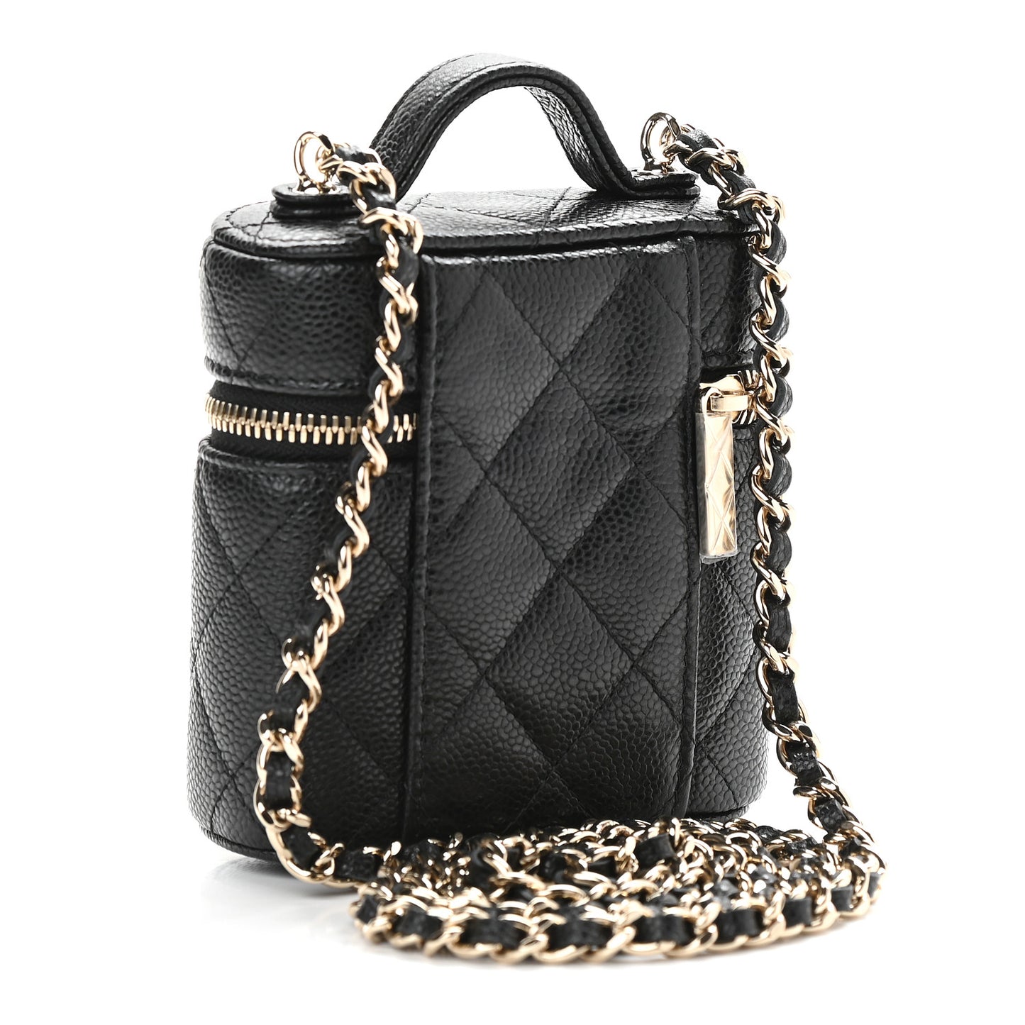 Caviar Quilted Small Handle With Care Vanity Case With Chain Black