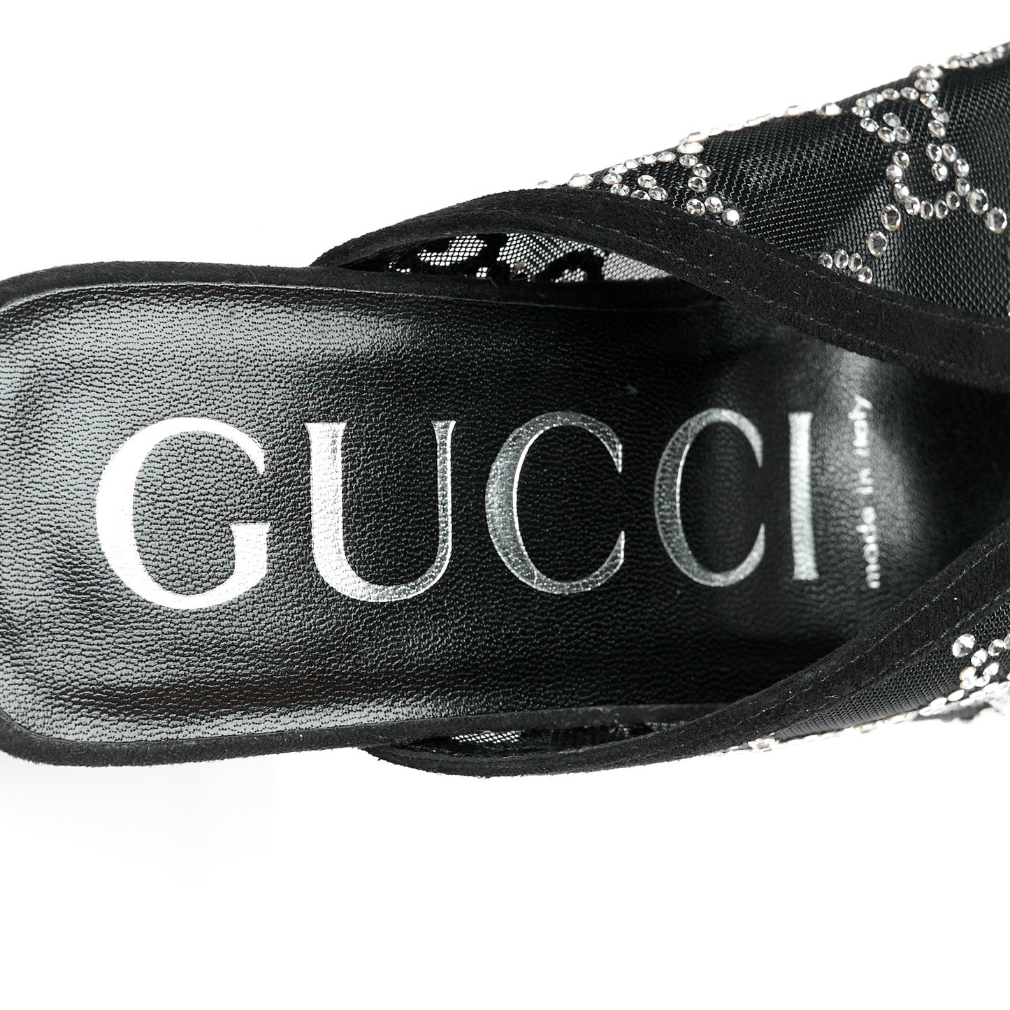 Tela Retino Kid Scamosciato Crystal GG Monogram Square G 95mm Slide Sandals 37 Black