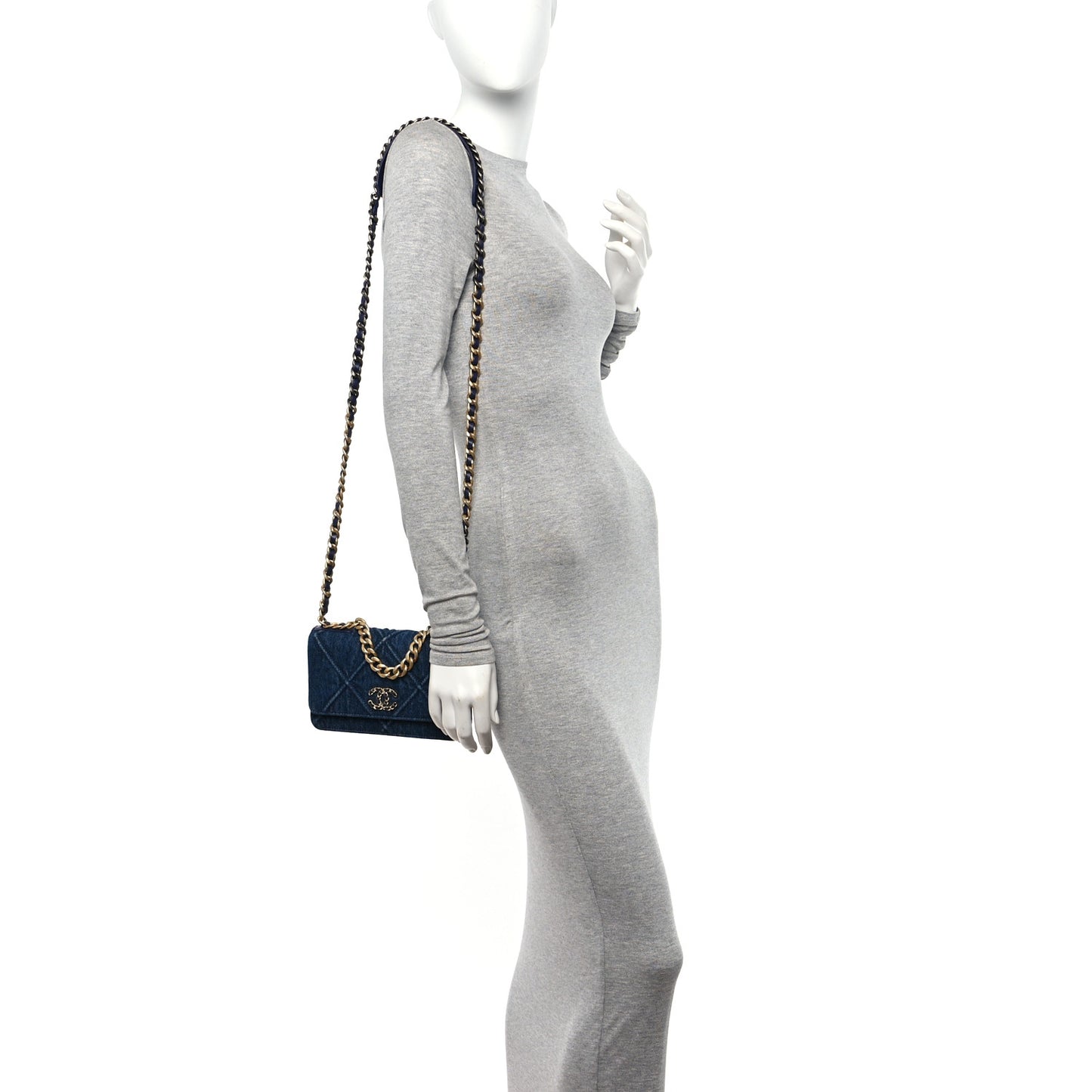 Denim Quilted Chanel 19 Wallet On Chain WOC Blue