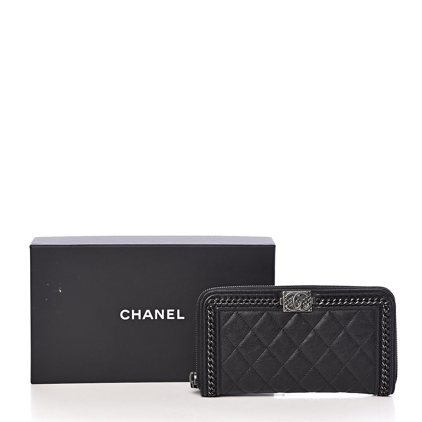 Calfskin Quilted Boy Chain Large Gusset Zip Around Wallet Black