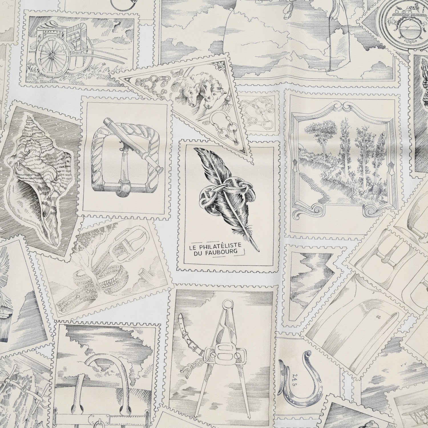 Hermes Silk Le Philateliste Du Faubourg Scarf 90 Gris Parchemin White 5 of 5