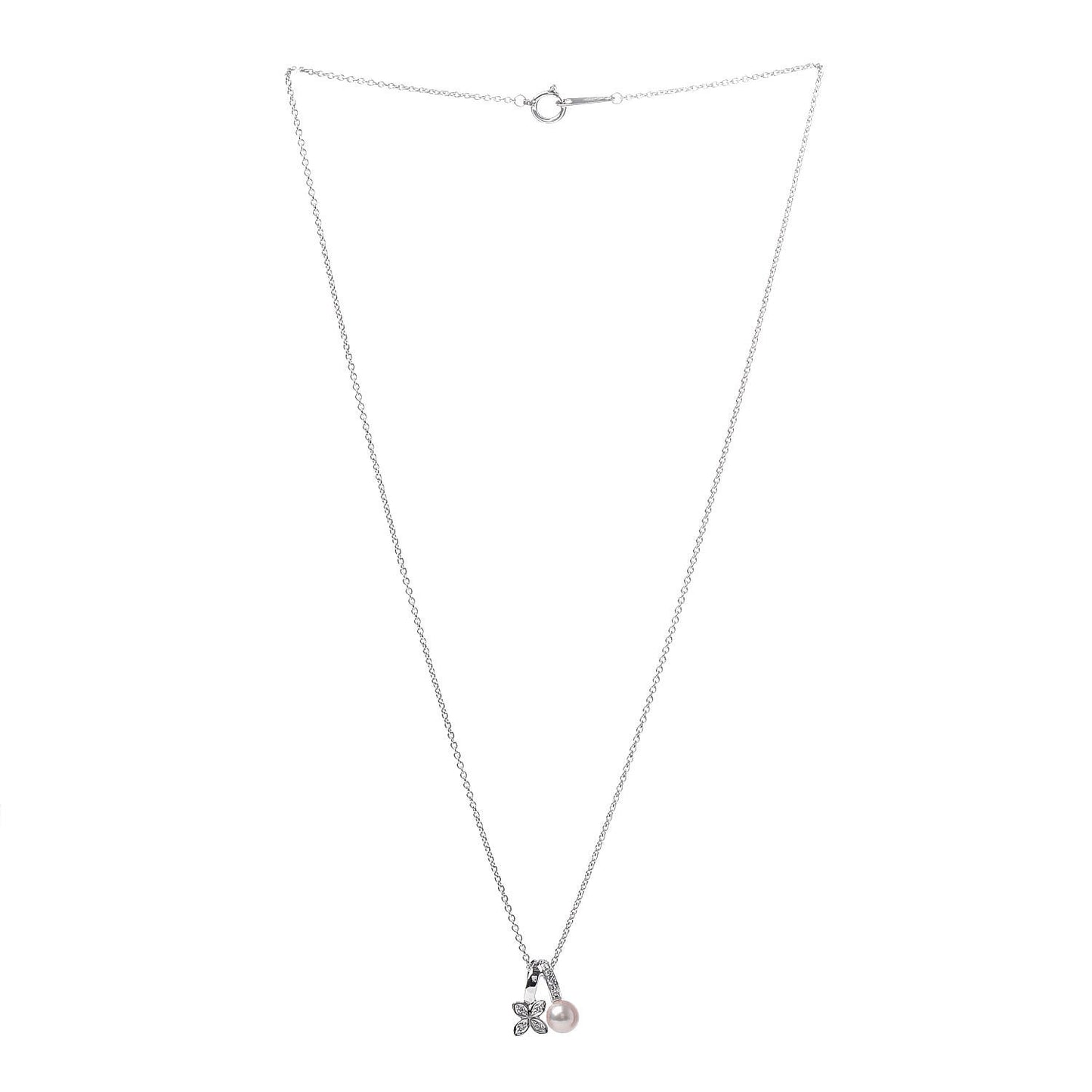 18K White Gold Diamond Akoya Pearl 5.5mm Flower Pendant Necklace