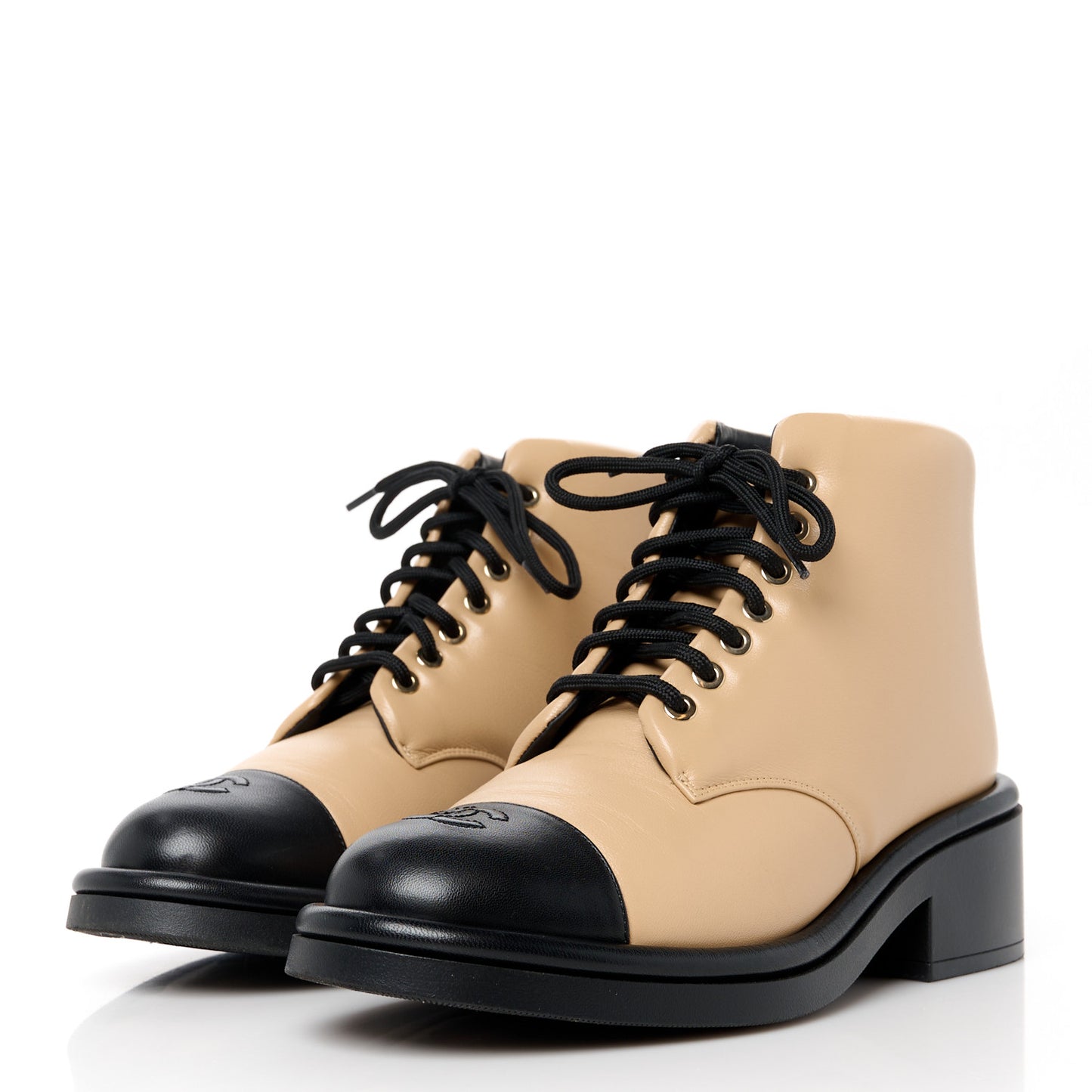 Lambskin Lace Up Combat Boots 38.5 Beige Black