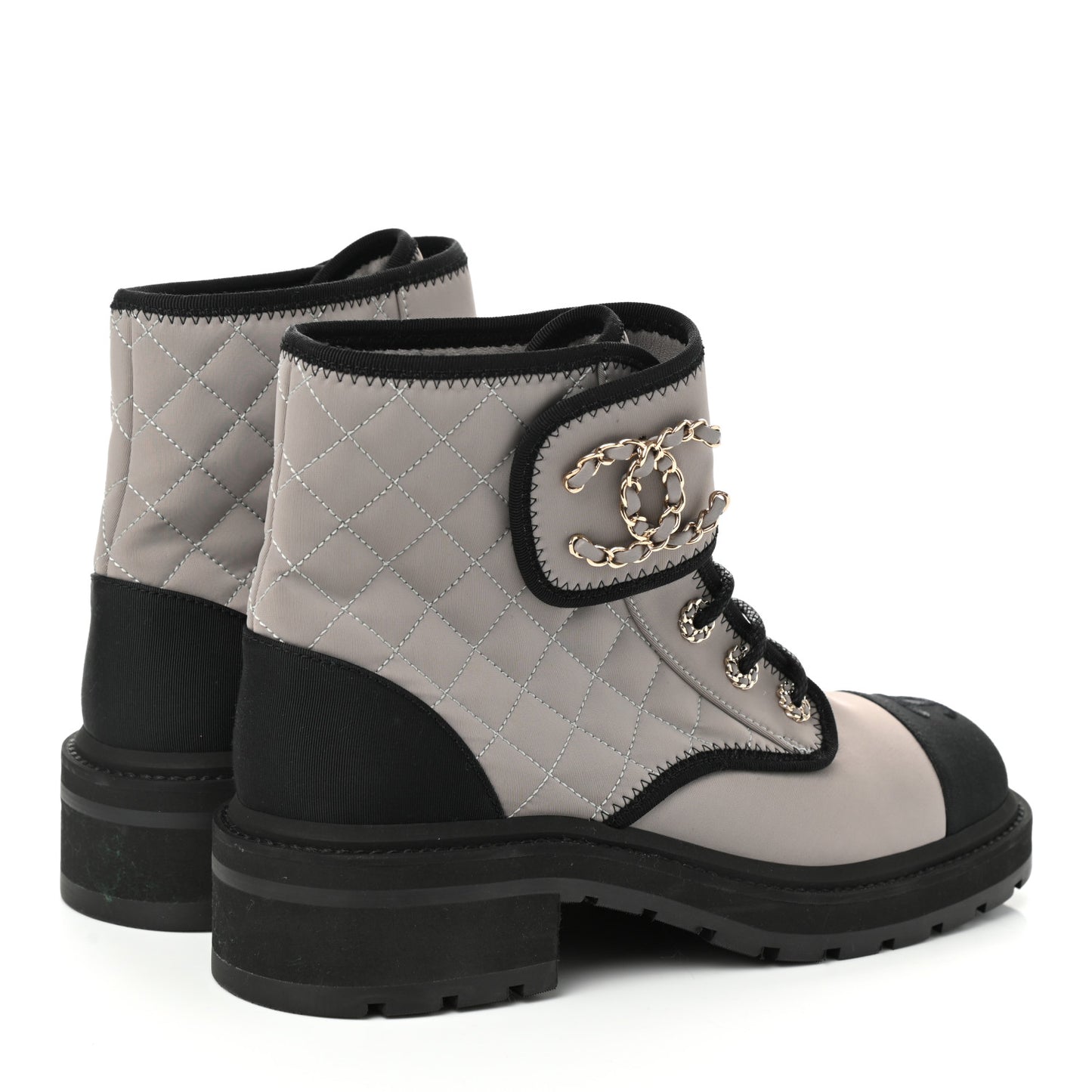 Fabric Grosgrain Lambskin Quilted Lace Up Combat Boot 40.5 Gray