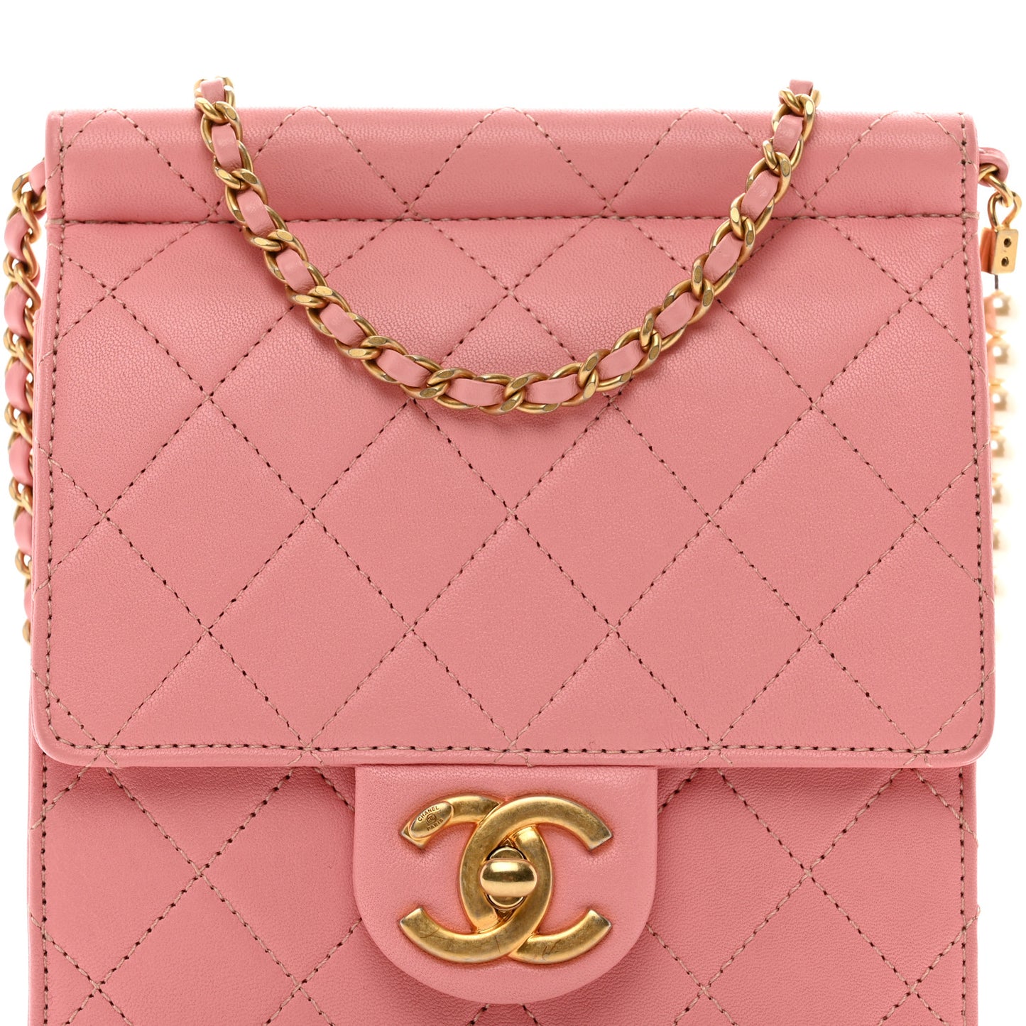 Lambskin Quilted Chic Pearls Flap Pink
