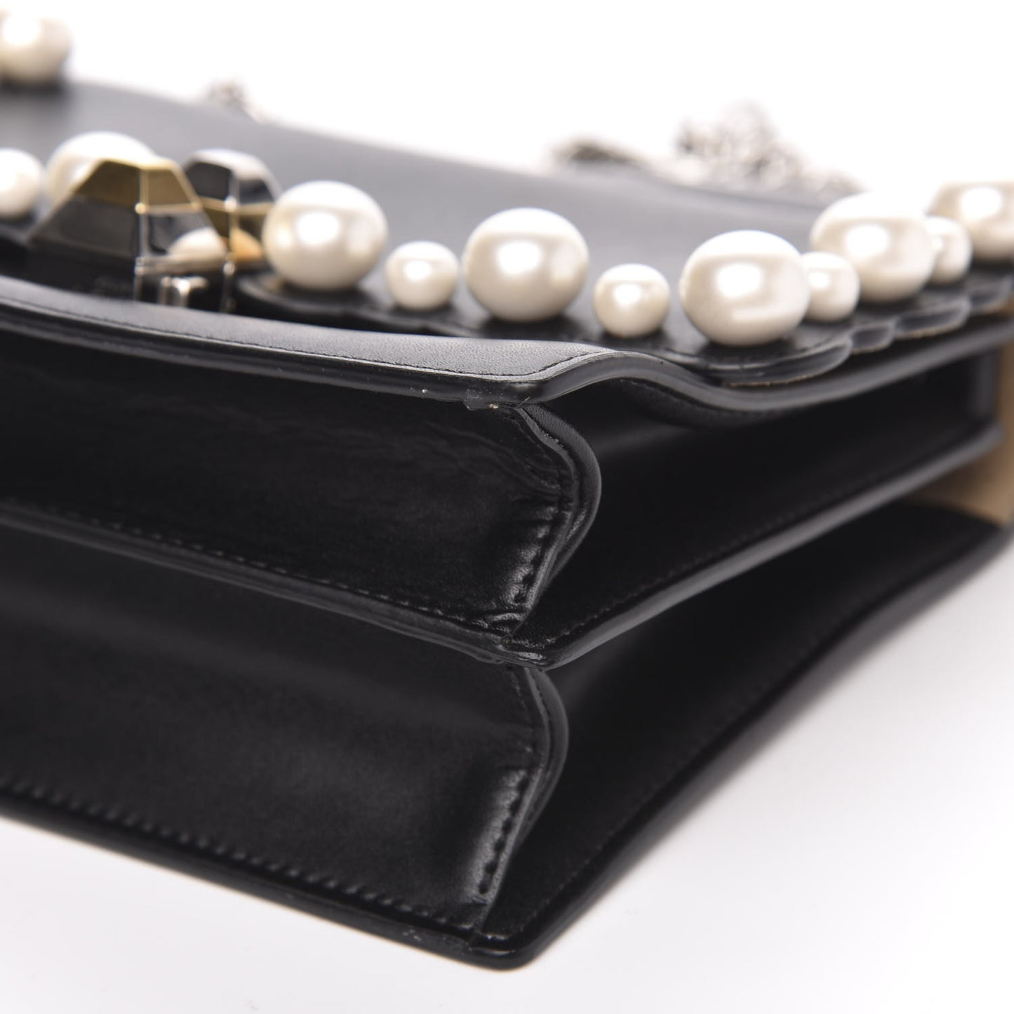 Vitello Liberty Pearl Scalloped Studded Small Kan I Shoulder Bag Black