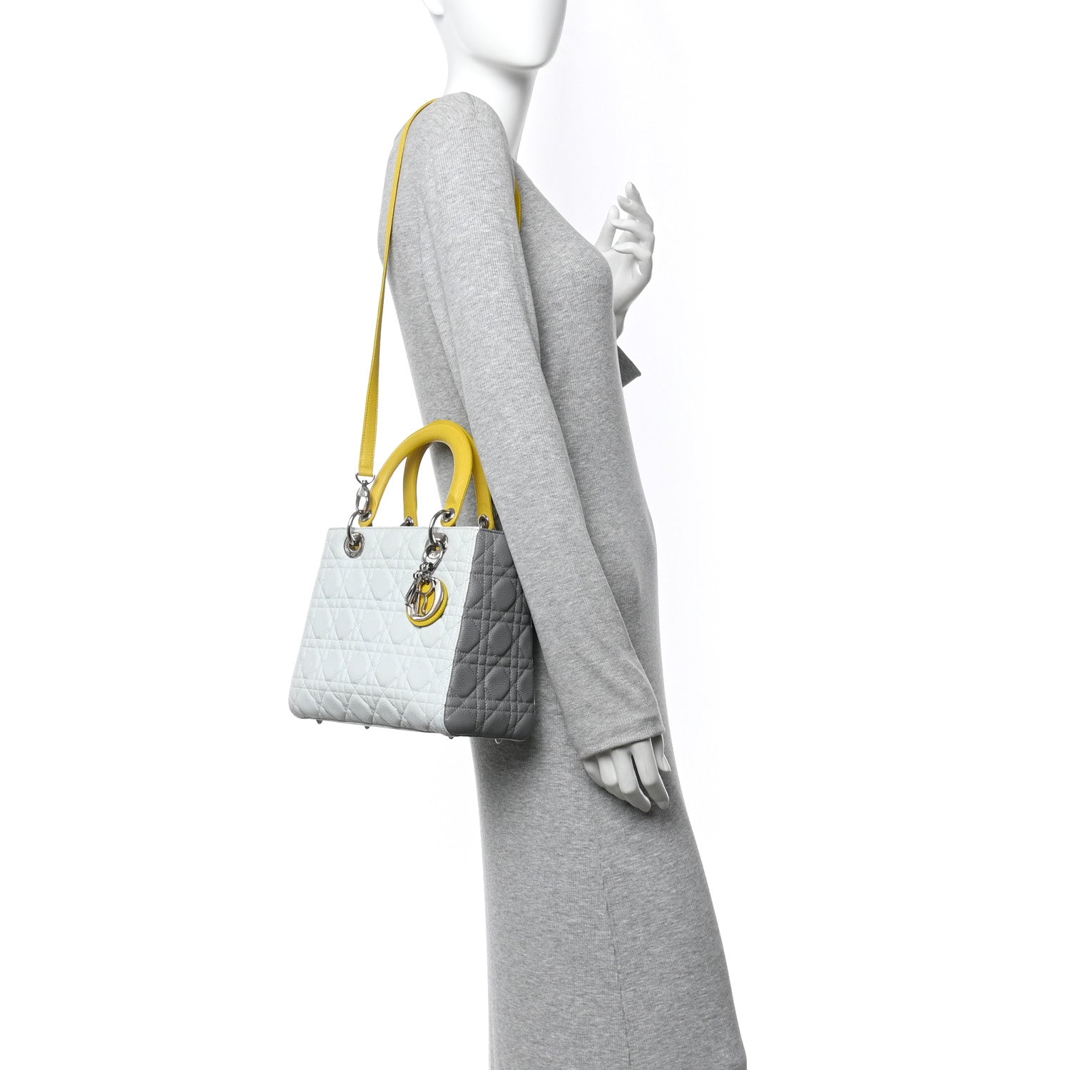 Christian Dior Grained Calfskin Cannage Medium Tri-Color Lady Dior Light Blue Grey Yellow 2 of 10