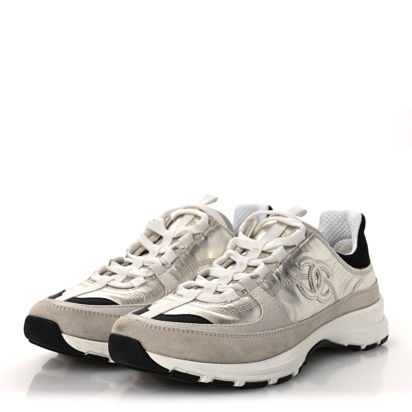 Suede Metallic Calfskin Womens CC Sneakers 39.5 White Silver