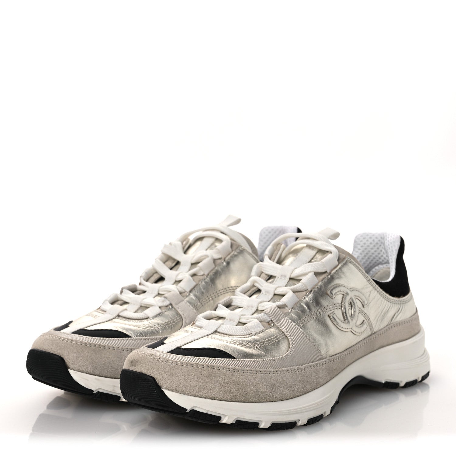 Chanel Suede Metallic Calfskin Womens CC Sneakers 39.5 White Silver 4 of 11