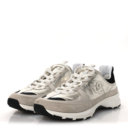 Chanel Suede Metallic Calfskin Womens CC Sneakers 39.5 White Silver 4 of 11