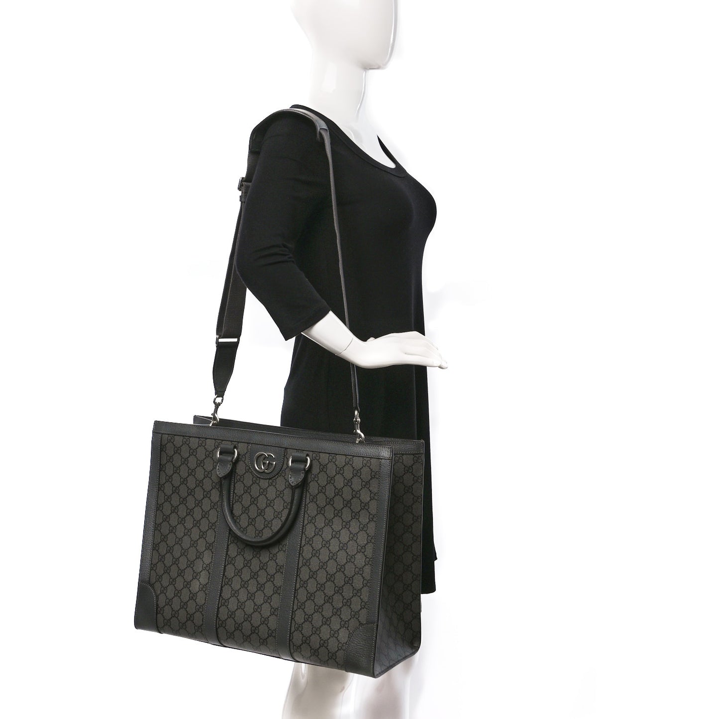 GG Supreme Monogram Textured Dollar Calfskin Large Ophidia Tote Bag Grey Black Graphite Grey