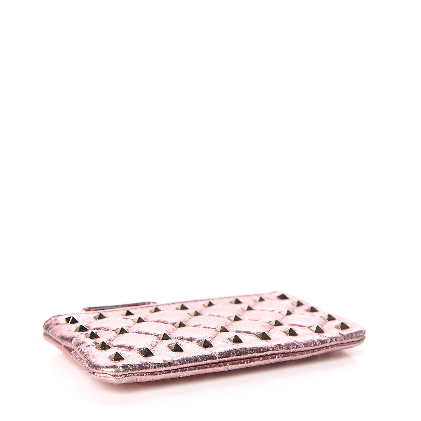 Metallic Wrinkled Lambskin Rockstud Spike Zip Coin Purse Lipstick