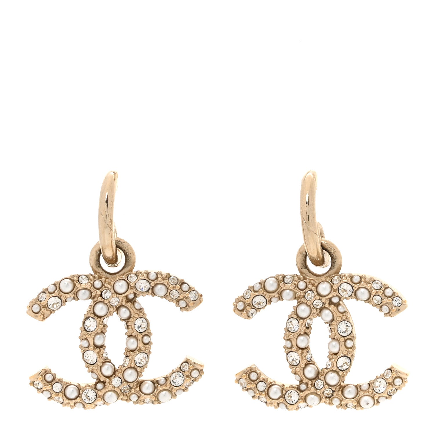 Chanel Crystal Pearls CC Drop Earrings Light Gold 1 of 6