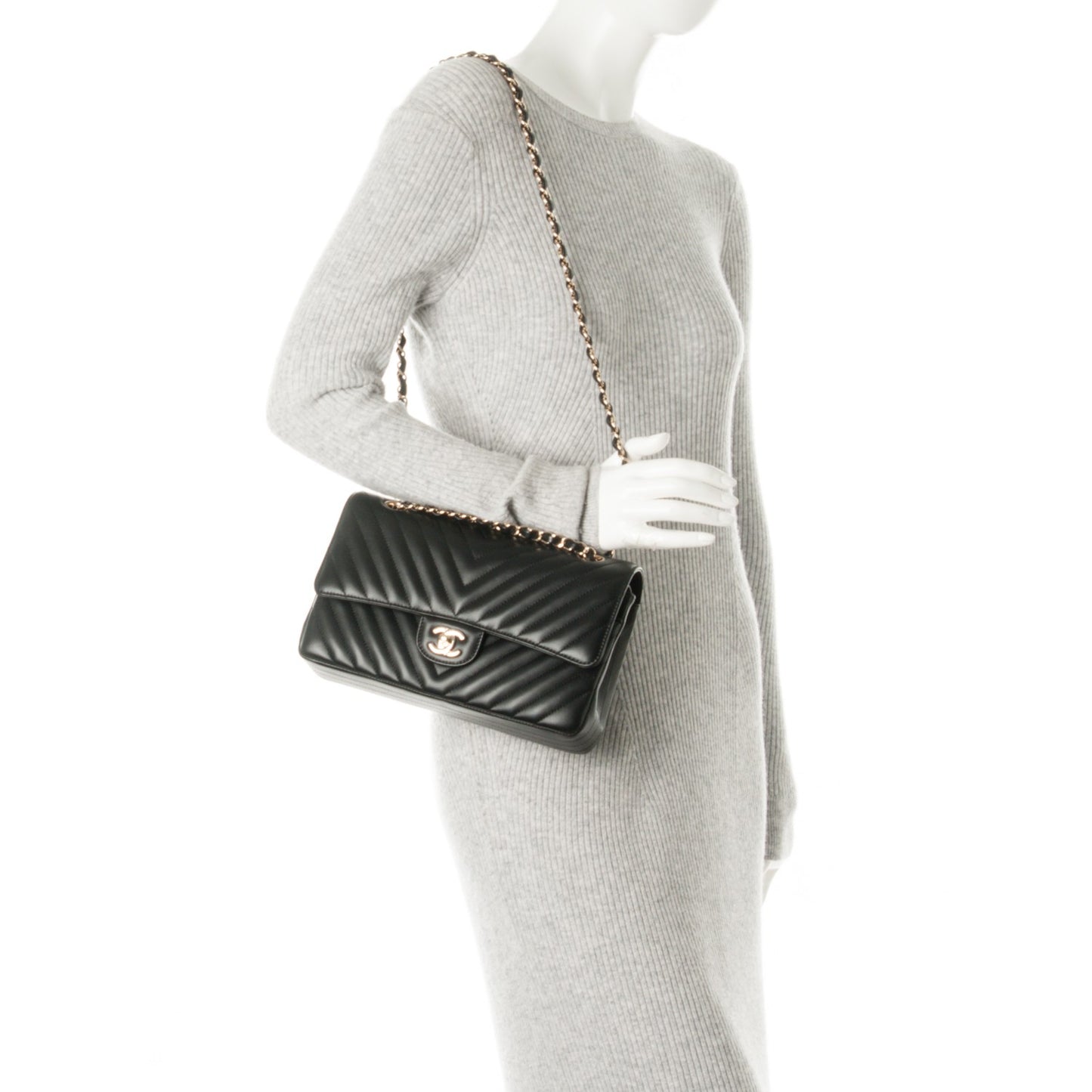 Lambskin Chevron Quilted Medium Double Flap Black