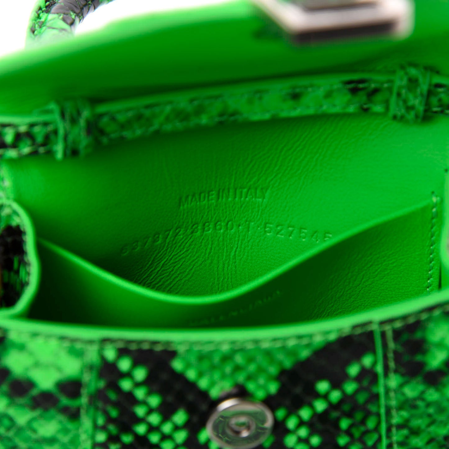 Shiny Calfskin Python Effect Hourglass Top Handle Bag Mini Fluo Green Black