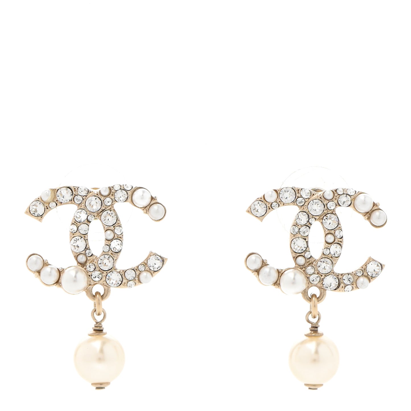 Crystal Pearl CC Drop Earrings Gold