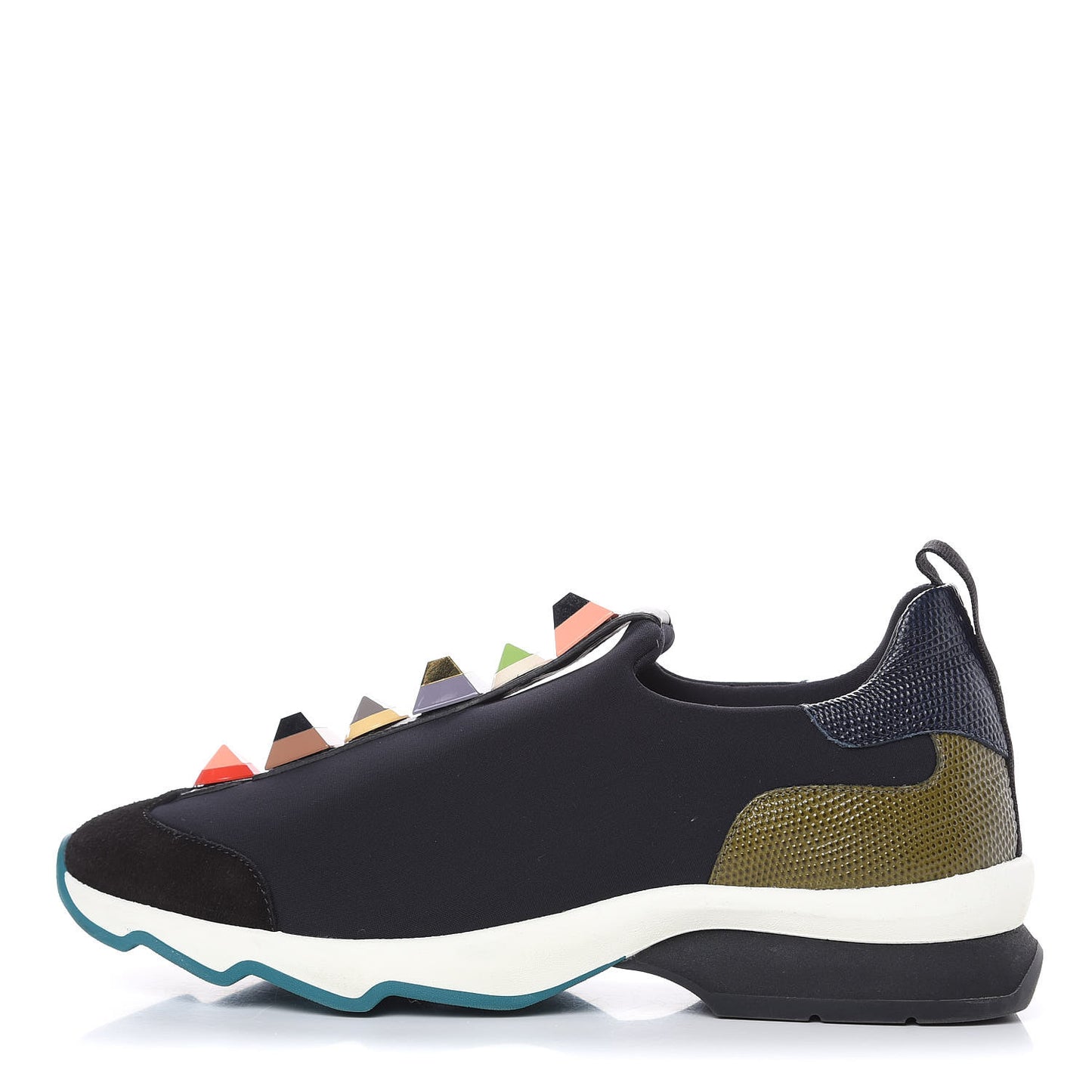Neoprene Calfskin Rainbow Studded Sneakers 39 Black Navy Olive