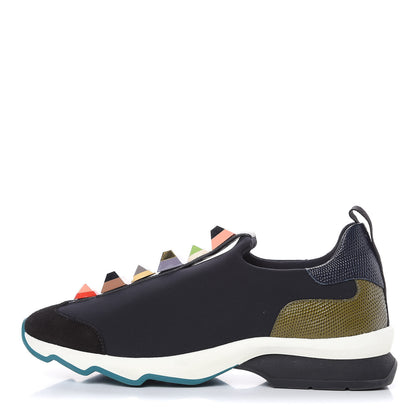 Fendi Neoprene Calfskin Rainbow Studded Sneakers 39 Black Navy Olive 1 of 9