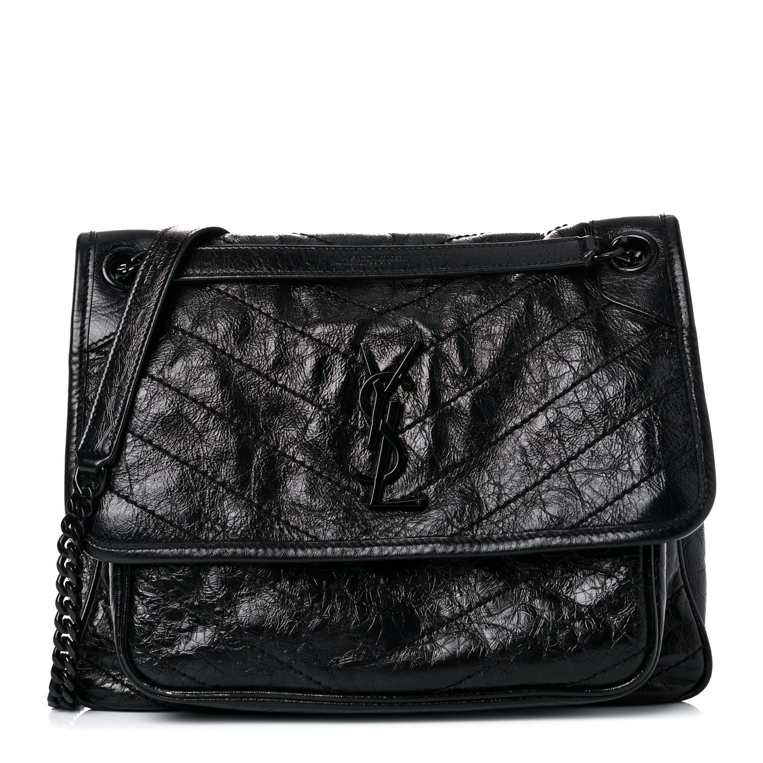Saint Laurent Crinkled Calfskin Matelasse Monogram Medium Niki Chain Satchel Black 1 of 13