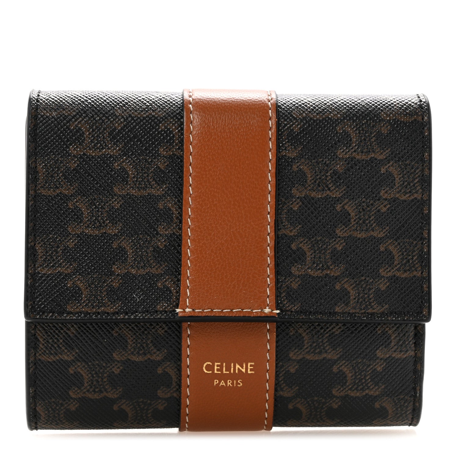 Celine Canvas Triomphe Lambskin Folded Compact Wallet Tan 1 of 10