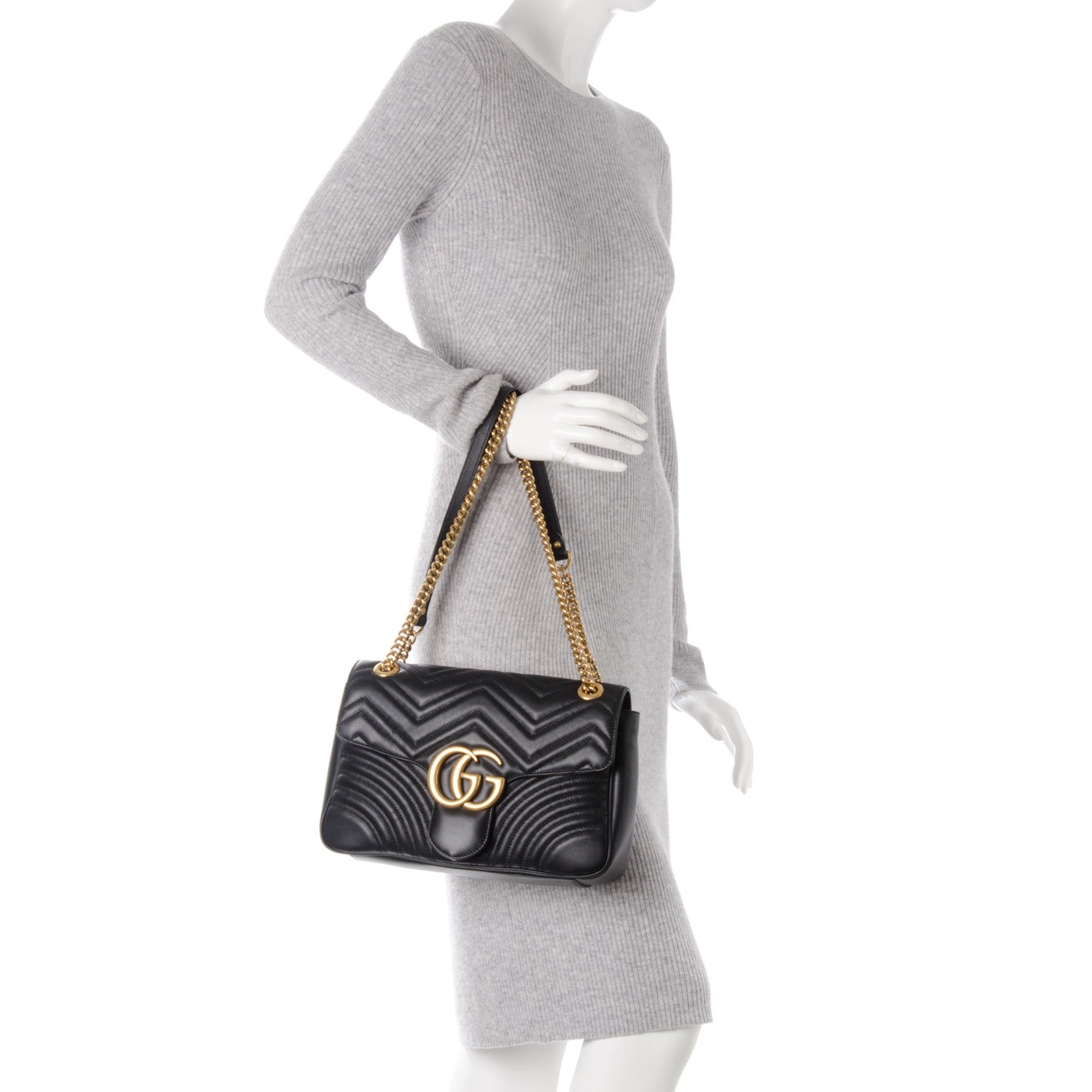 Gucci Calfskin Matelasse Medium GG Marmont Shoulder Bag Black 3 of 7