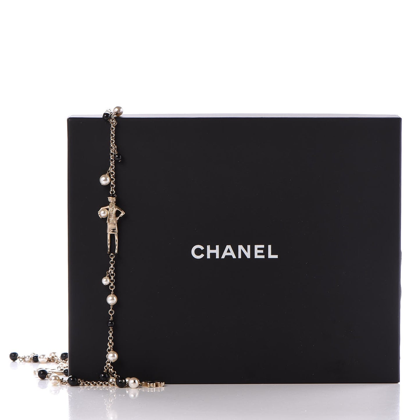 Pearl Beaded Enamel CC Coco Long Necklace Black Gold