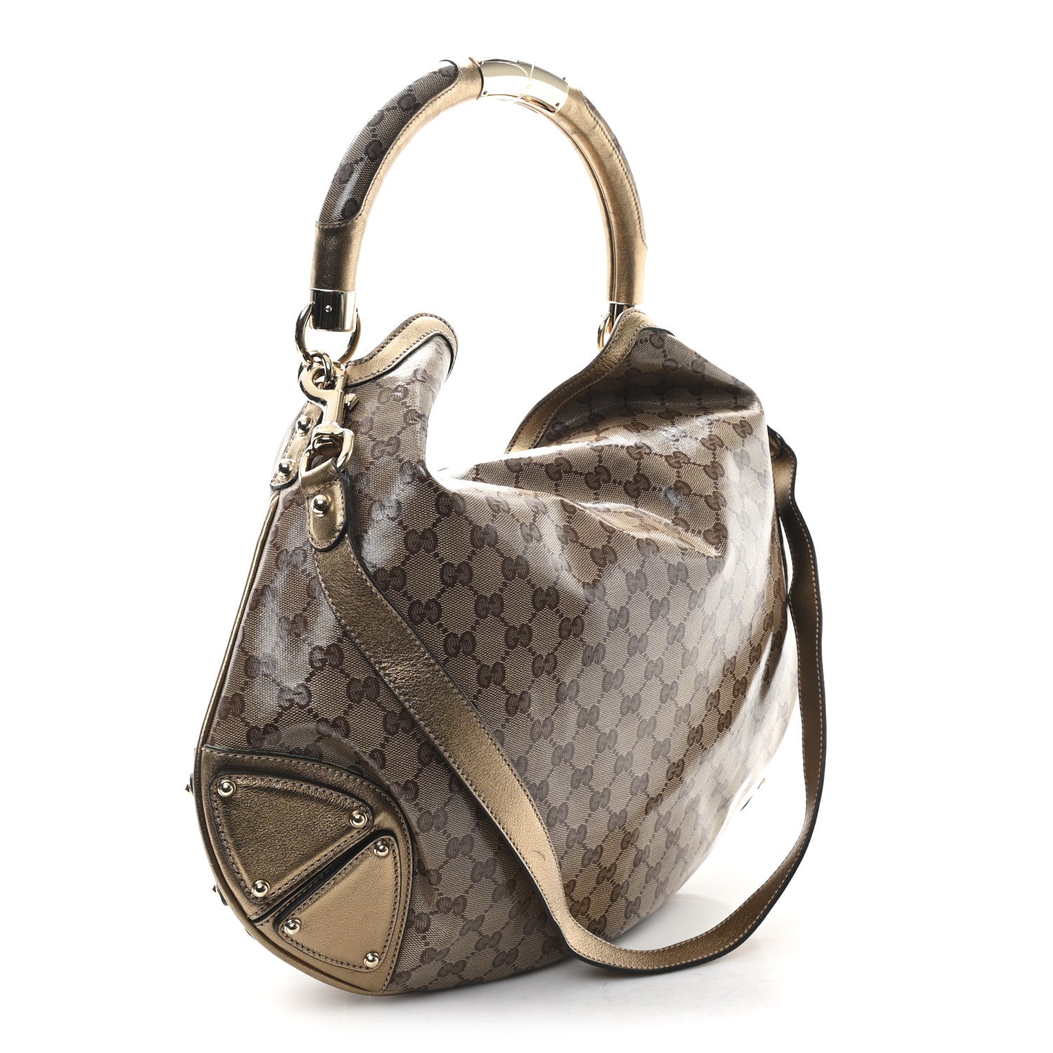 Gucci Crystal Monogram Metallic Calfskin Large Indy Top Handle Bag Beige Ebony Gold 3 of 10