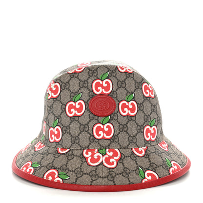 Gucci GG Supreme Monogram Apple Textured Dollar Calfskin Retro Interlocking G Fedora Pomme Bucket Hat L Beige Ebony Red 3 of 8
