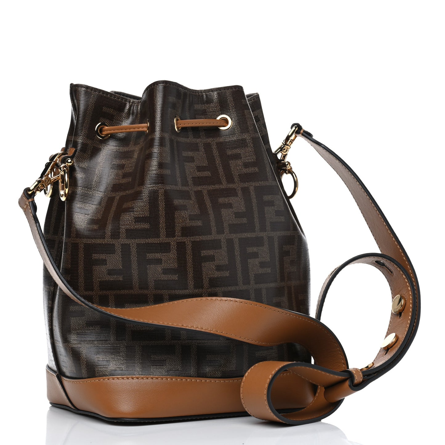 Glazed Fabric Vitello Grace F is Fendi FF 1974 Stamp Patch Grande Mon Tresor Bucket Bag Mogano Panna Nocciola