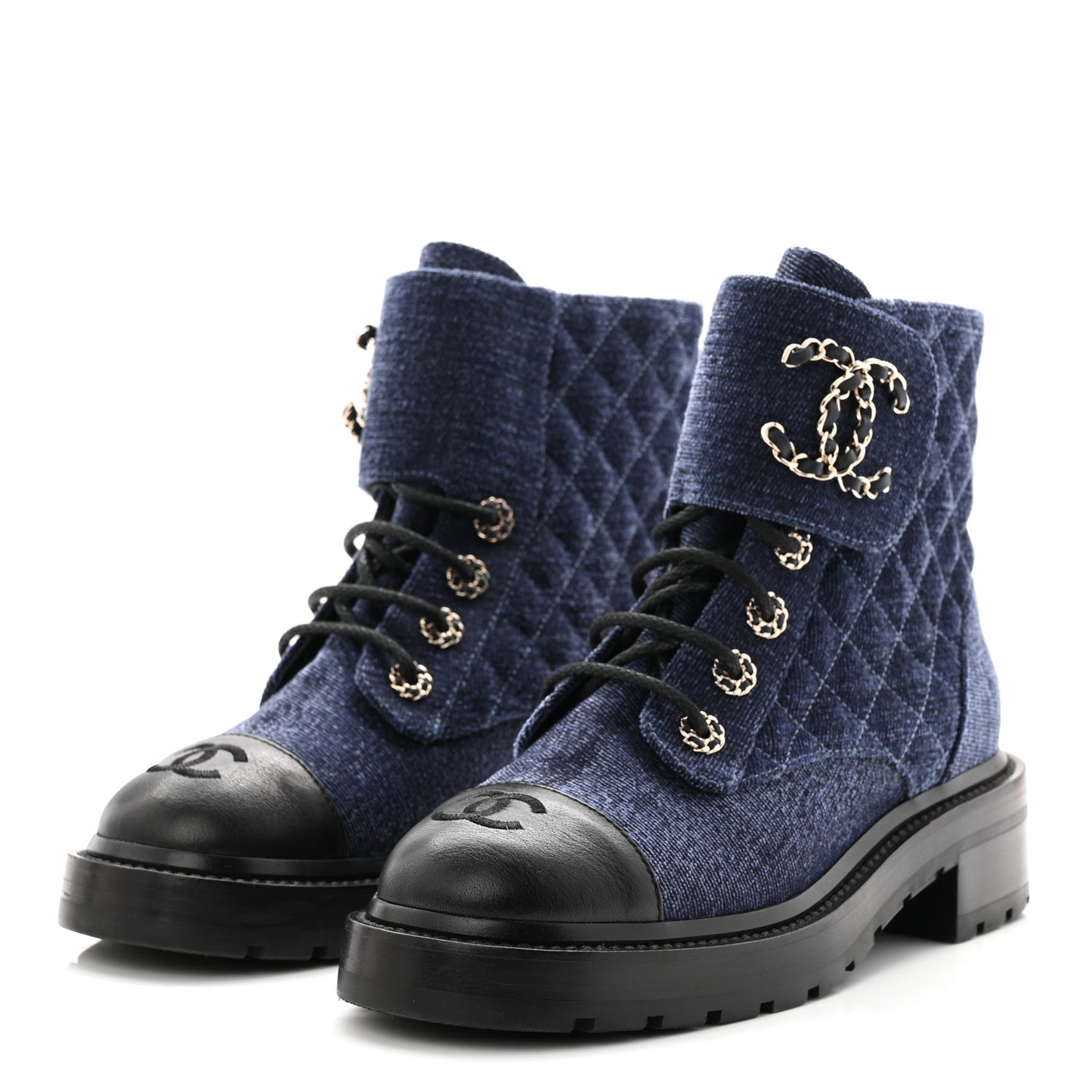 Denim Calfskin Quilted Lace Up Combat Boots 37.5 Blue
