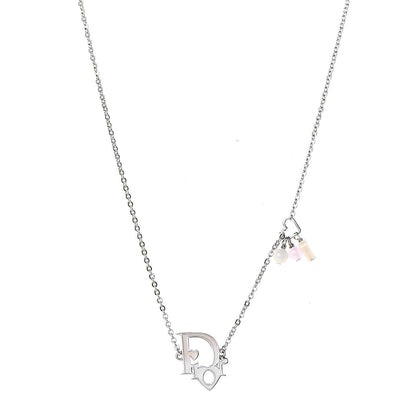 Christian Dior Logo Pendant Necklace Silver White 1 of 8