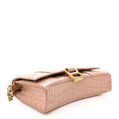 Balenciaga Shiny Calfskin Crocodile Embossed Hourglass Chain Bag Nude Beige 4 of 10
