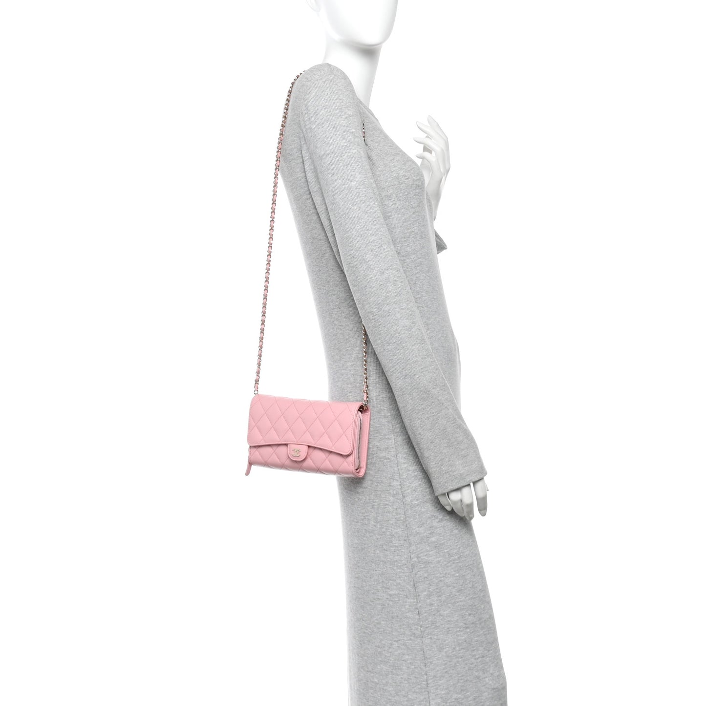Caviar Quilted Phone Holder Wallet on Removable Chain Pink