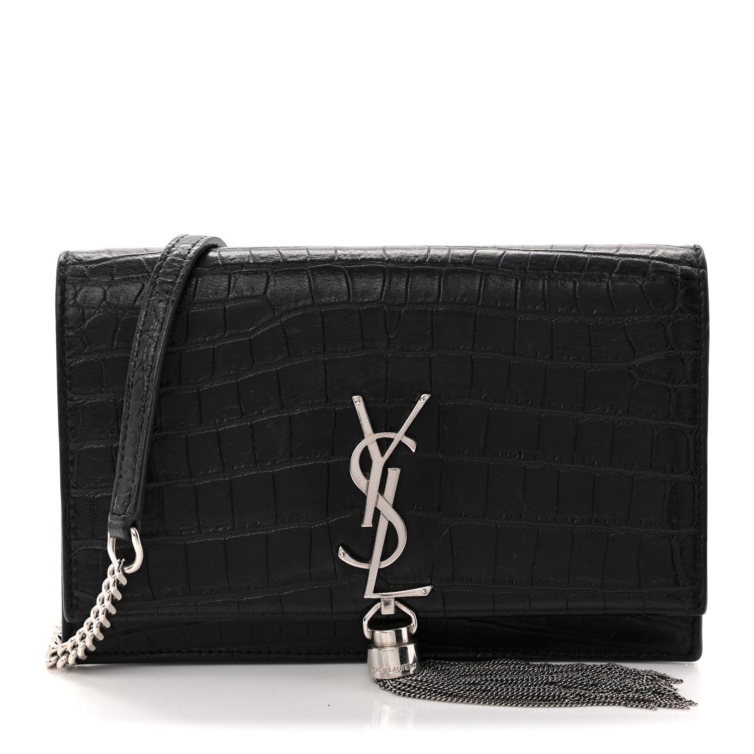 Saint Laurent Calfskin Crocodile Embossed Kate Monogram Tassel Chain Wallet Black 1 of 9